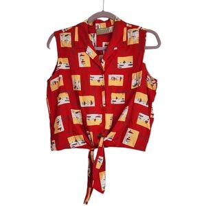 Liz Claiborne Red Collared V Neck Sleeve Less Waist Tie Women's Top Size MP